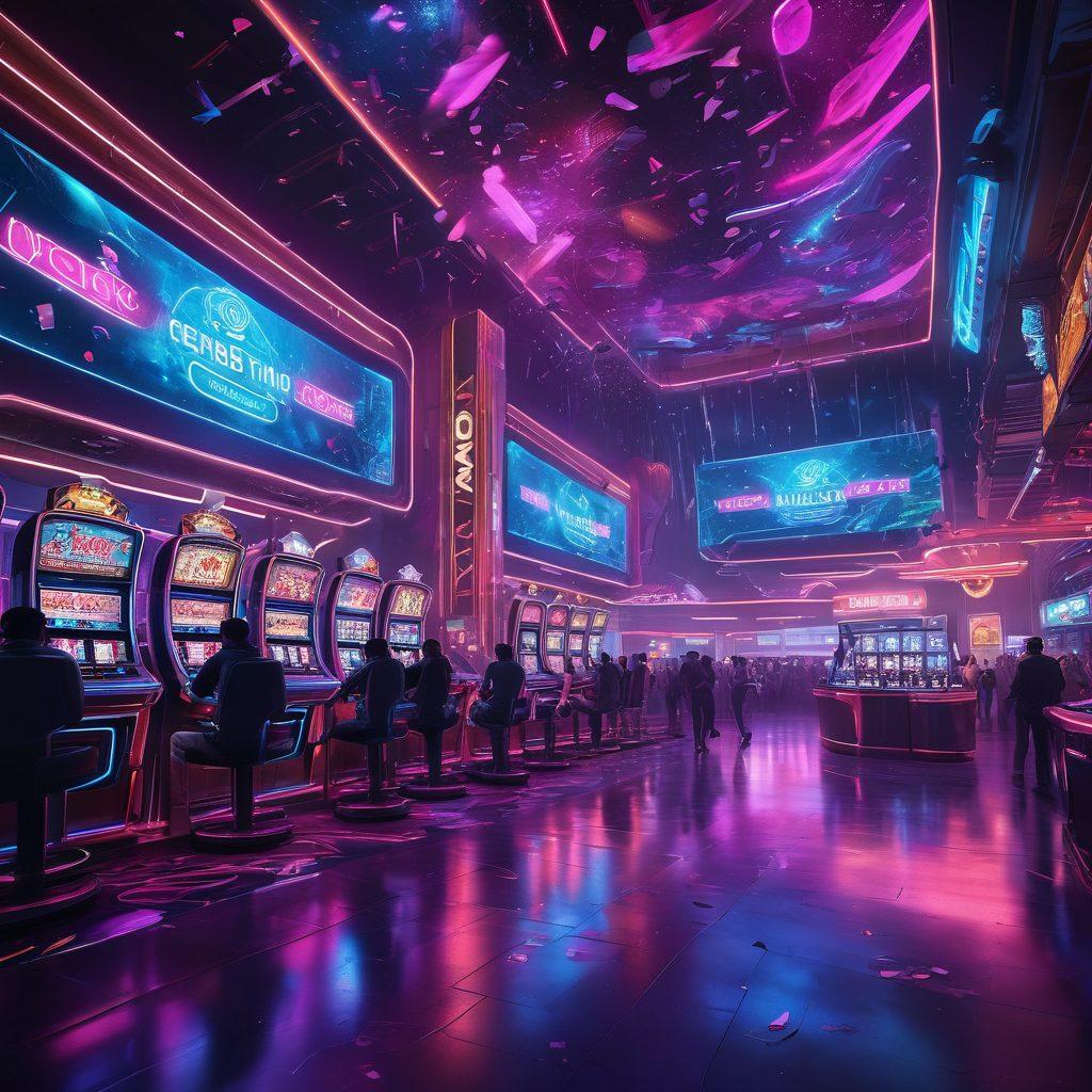 A futuristic casino interior, filled with vibrant neon lights and digital displays, showcasing a diverse crowd of excited players engaged in various games. Include elements of online gaming, like virtual reality headsets and holographic slot machines, for an immersive feel. The atmosphere is electric, with confetti falling and high-stakes excitement radiating from the scene. perfect for capturing the thrill of internet casinos. cyberpunk. vibrant colors. 3D.