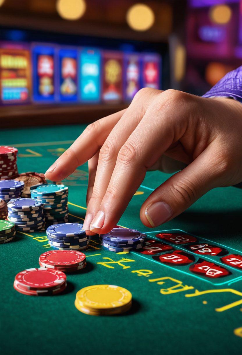 A dynamic and colorful collage of various online casino games including slot machines and blackjack tables, with vibrant neon lights shimmering around. In the foreground, a player's hand holding a winning hand of cards, with coins and chips scattered on the table. The background features a digital interface displaying online gaming stats, conveying the excitement of wagering. super-realistic. vibrant colors. digital art.