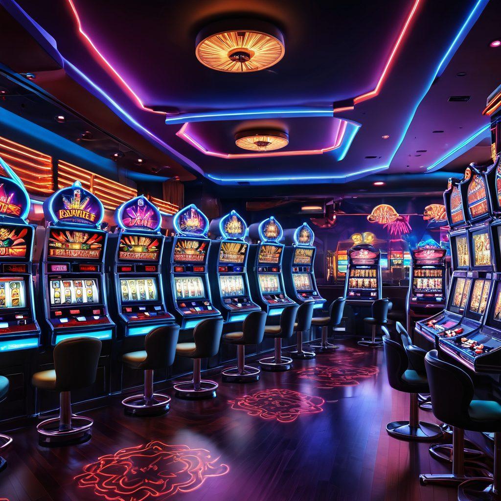 A thrilling virtual casino scene featuring vibrant neon lights, an array of glowing slot machines, and a high-stakes poker table with animated characters cheering. Add elements of adventure like a roller coaster in the background and ethereal card decks flying through the air. Capture the excitement of extreme gambling with a dynamic perspective. cyberpunk. vibrant colors. super-realistic.